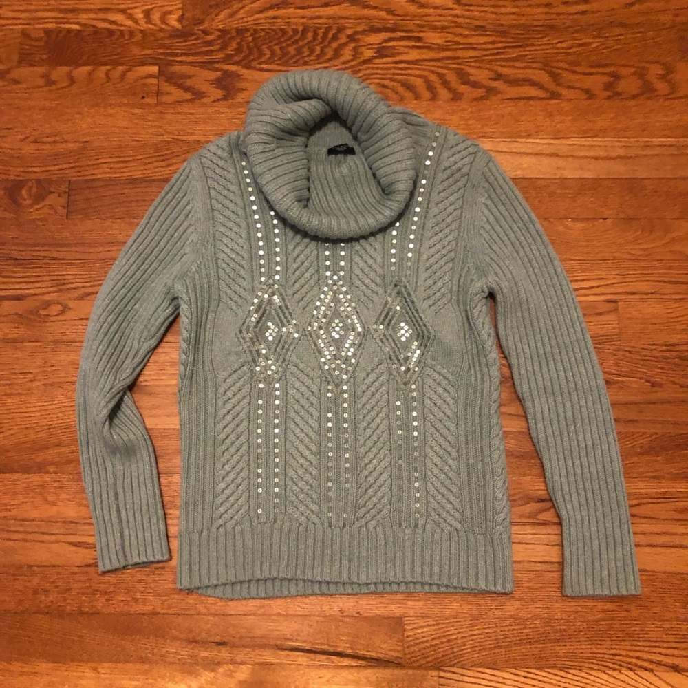 Talbots Light Green Petites Cable and sequin turtleneck sweater size Med…